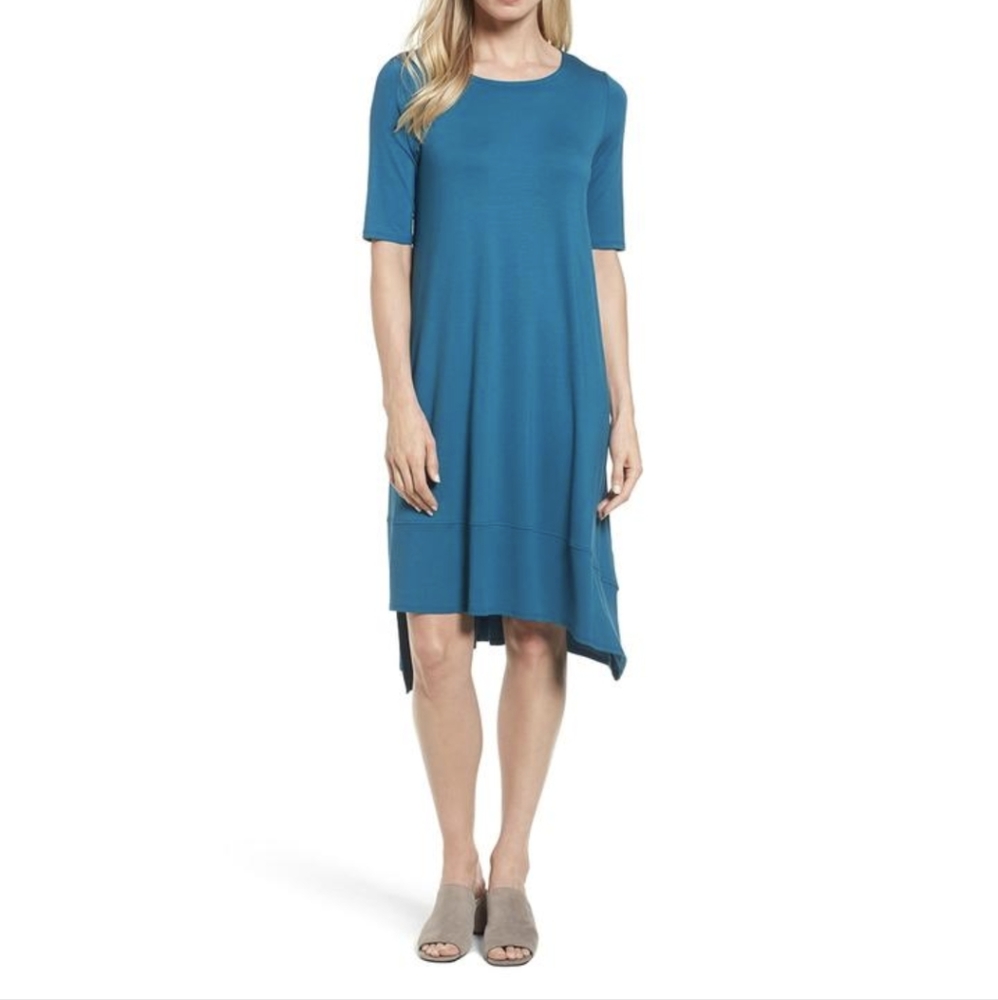 EILEEN FISHER Nile Blue Light Viscose Jersey Asymmetrical A-line Dress